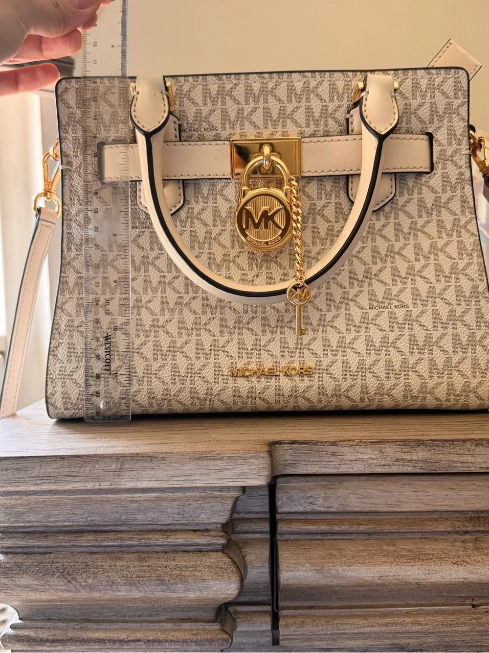 Michael Kors Cream/Tan MK Logo Satchel with Gold Hardware